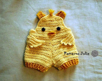 Baby Chick Overall Romper, Easy Change with Buttons on Crotch - Crochet Pattern, 4 sizes Baby-Toddler, 0-18M