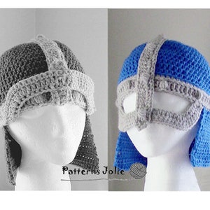 May include: Two crocheted hats in the shape of helmets with eye holes. One hat is gray and the other is blue.