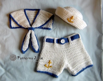 Baby Sailor Boat Hat, Collar, Shorts/Diaper Cover, Easy Change with Buttons on Crotch - Crohet Pattern 4 sizes, New Born-18M