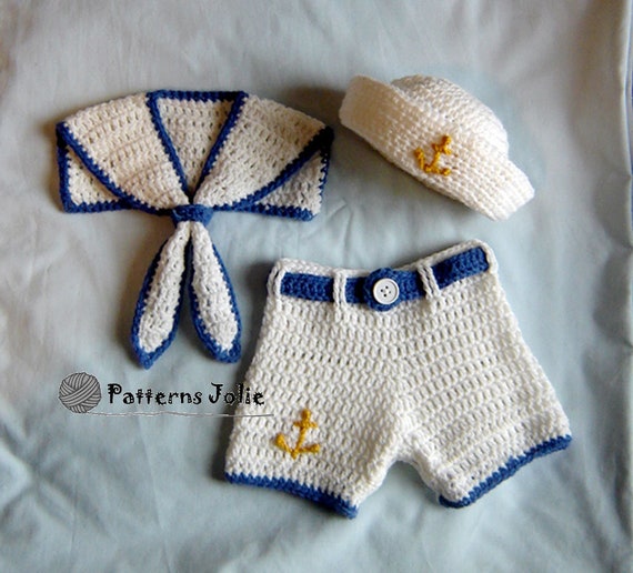 Baby Sailor Boat Hat, Collar, Shorts/Diaper Cover, Easy Change with Buttons on Crotch - Crohet Pattern 4 sizes, New Born-18M