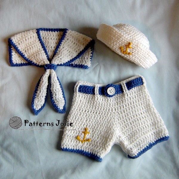 Baby Sailor Boat Hat, Collar, Shorts/Diaper Cover, Easy Change with Buttons on Crotch - Crohet Pattern 4 sizes, New Born-18M