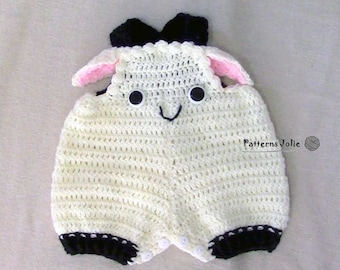 Mono corto de cordero y oveja para bebé, cambio fácil con botones en la entrepierna - Patrón de ganchillo, 4 tallas para bebé-niño pequeño, 0-24 meses