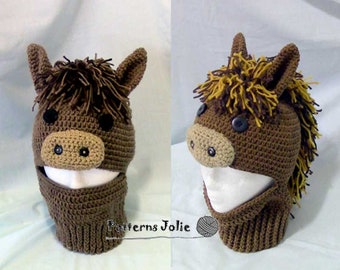 Pony Mask Ski Hat, Crochet Pattern 5 sizes, Child-Adult; A Free Pattern of Halloween Cat Hat Included