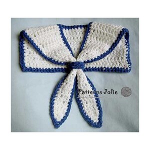 May include: White crocheted sailor collar with blue trim and a bow tie. The collar is tied at the front with a bow. The collar is made of white yarn with blue trim. The bow tie is made of white yarn with blue trim. The collar is a crochet pattern.
