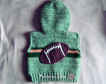 Sudadera con Capucha y Parche de Fútbol - Patrón de Ganchillo 4 tallas, Bebé- Niño Pequeño; Se incluye un patrón gratuito de soporte para olla caliente para microondas