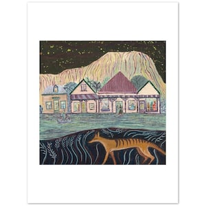 May include: An art print showing a nighttime landscape with a row of buildings, a mountain, and a striped animal. The sky is dark with stars, and a person is riding a bicycle. The artwork has a folk art style.