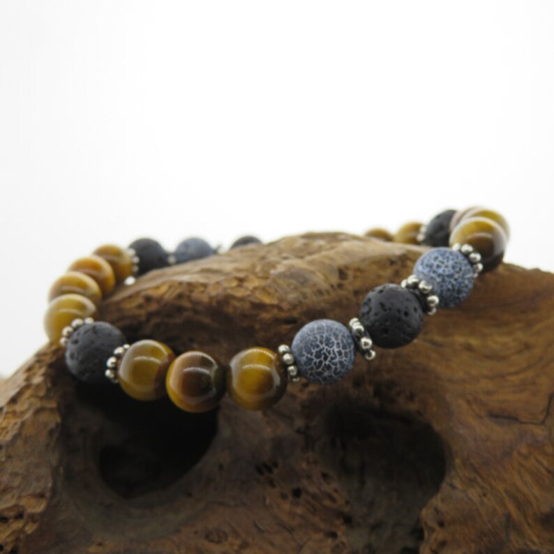 Tiger/'s Eye Bead Bracelet with Lava Agate and Silver