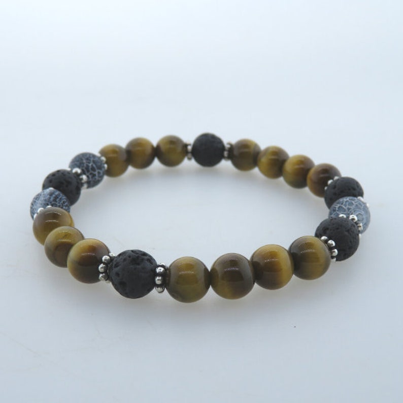 Tiger/'s Eye Bead Bracelet with Lava Agate and Silver
