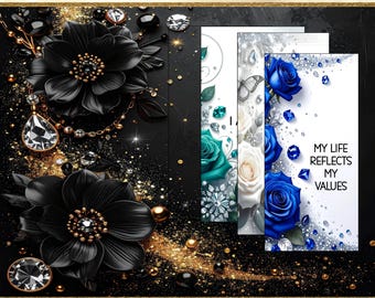 May include: Digital phone wallpapers with floral and gemstone designs. The image features black flowers, gold accents, and phone screens with blue roses and the text "MY LIFE REFLECTS MY VALUES". Includes bingo boards for daily use.