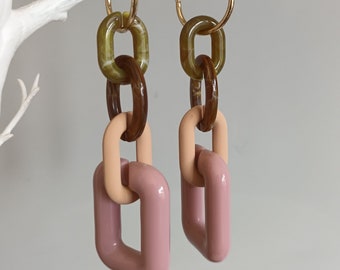 Statement chain and link earrings in dusky pink, beige and brown