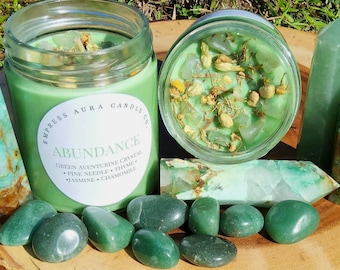 Abundance Crystal Candle: Green Aventurine, Pine & Jasmine Soy Candle