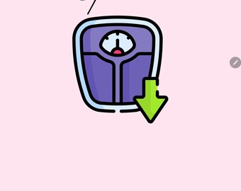 May include: A pink background with the words "WEIGHT LOSS Planner" in pink and black. A purple scale with a green arrow pointing down is in the center. The scale has a white border and a black outline.