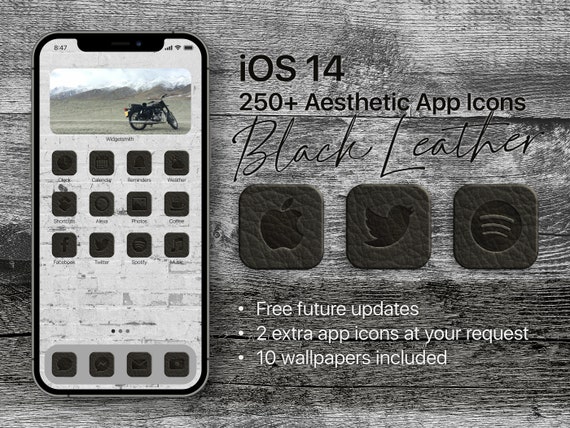 250 Aesthetic Ios14 App Icons Pack Black Leather Embossed Etsy - black brawl stars app icon