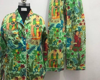 Frida Kahlo Pure Cotton P J Set, Payjama Set ,Indian Cotton,Night Wear, Soft Cotton Night Suit,Green Colour