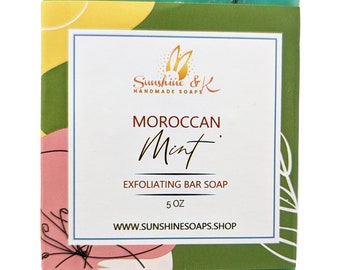 Moroccan Mint Hand & Body Soap Bar Natural oils extra virgin olive rice bran sustainable palm coconut castor beeswax poppy seeds