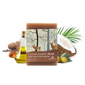 Cedar Amber - Body & Hand Soap Bar, Handmade Bath Soap, Moisturizing Bar Soap With Beeswax, Rice Bran Oil, Natural Base Oils Soap Bar, 5 oz