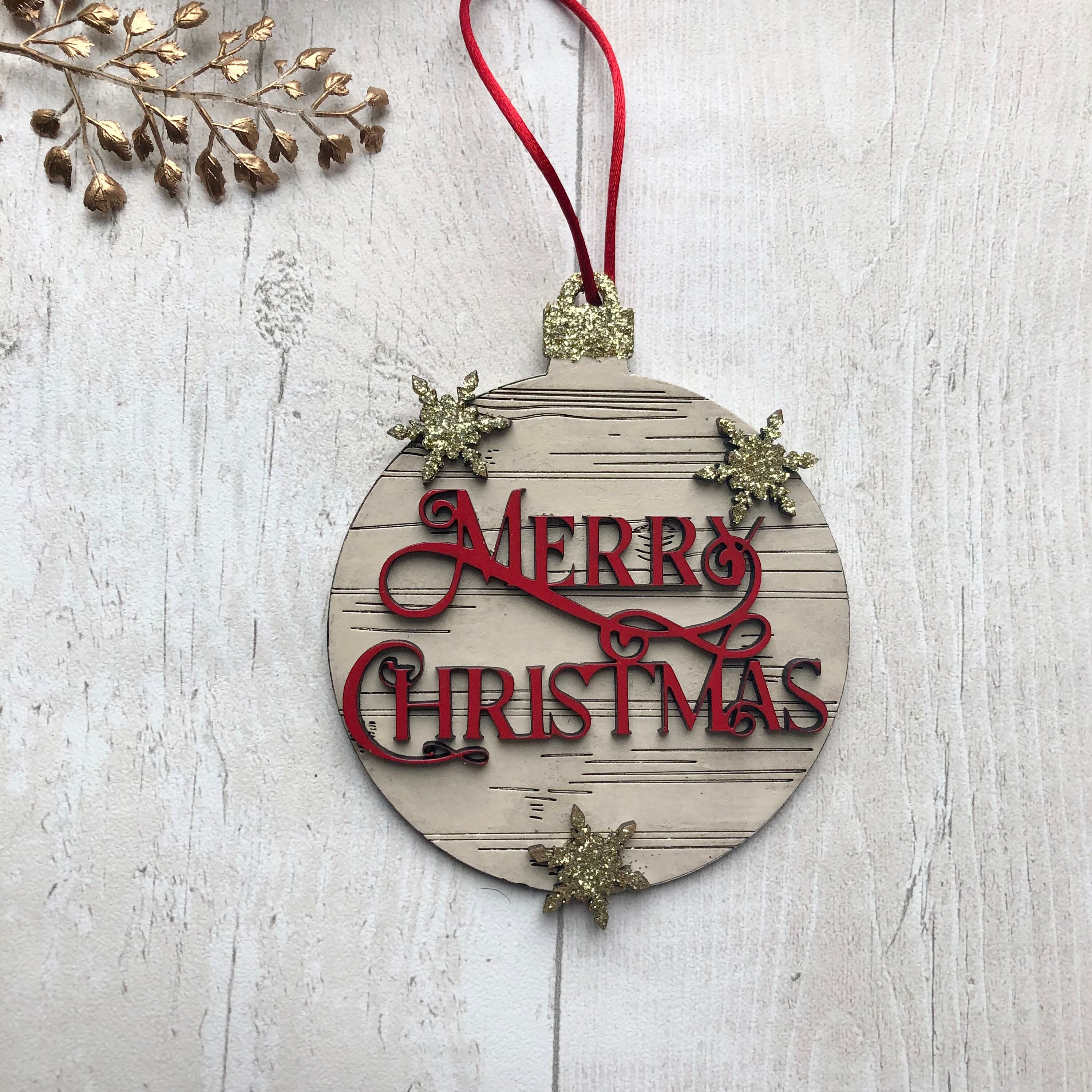 Merry Christmas wooden bauble Christmas tree decorations. Etsy