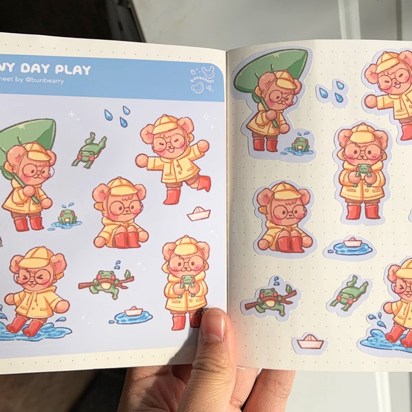 Rainy Day Sticker Sheet | Cute Bear Character, Matte Stickers for Decorating Bullet Journals, Scrapbook, Notebooks, & Planners