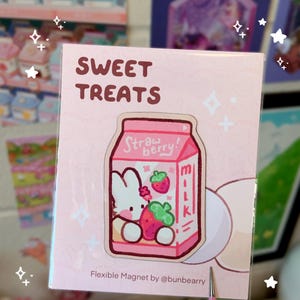 Strawberry Milk Magnet | Strong Flexible Bunny Magnet, Cute Kawaii Rabbit, for Notes, Lockers, Kitchen Fridge, Whiteboard, & Metal Surfaces.