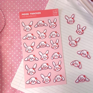 Hoja de pegatinas con forma de pétalo para el estado de ánimo / Emoticonos de conejo. Papelería, decoración de bullet journals, álbumes de recortes, cuadernos de bocetos, cuadernos y planificadores.