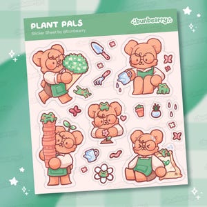 Feuille d'autocollants de papeterie de plantes mignonnes | Dessins de jardinage d'ours et de grenouille, pour décorer des Bullet Journals, des albums de scrapbooking, des carnets de notes et des agendas