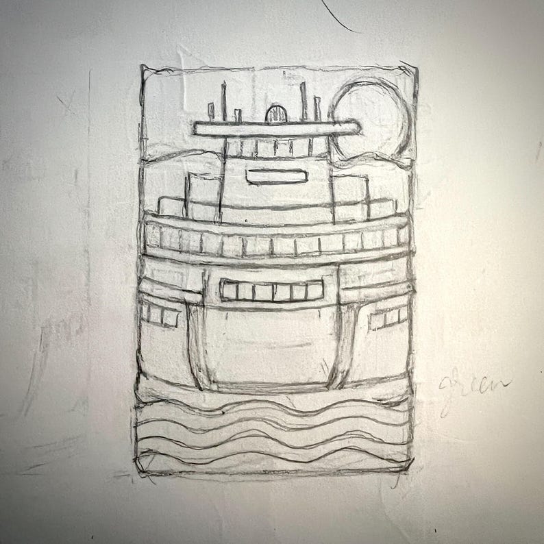 May include: A pencil sketch of a ferry boat with a sun and water waves. The ferry has multiple decks, windows, and a detailed upper structure. The sun is depicted as a large circle in the background.