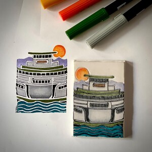 May include: Watercolor illustration of a ferry boat with a setting sun. The boat is gray, green, and white, with blue water and purple mountains in the background. The image is next to a finished tile with the same design.