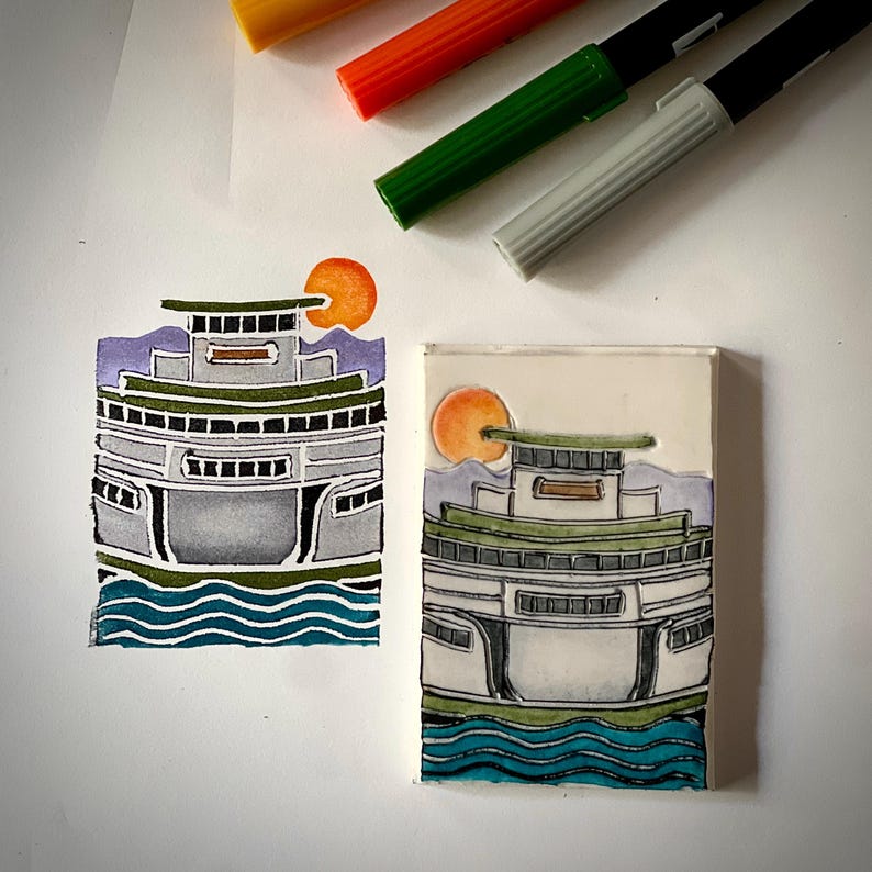 May include: Watercolor illustration of a ferry boat with a setting sun. The boat is gray, green, and white, with blue water and purple mountains in the background. The image is next to a finished tile with the same design.