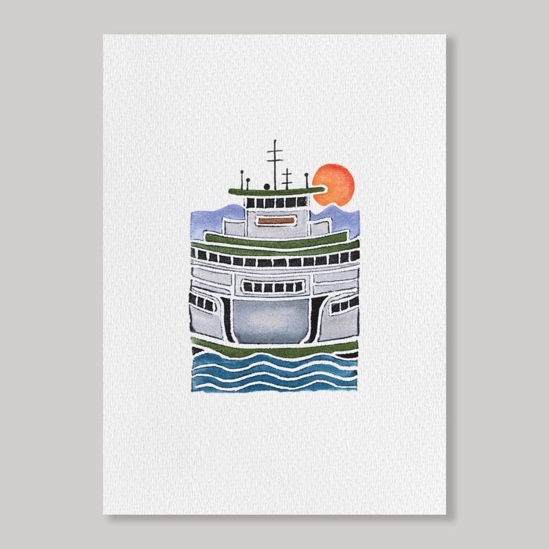 May include: Watercolor illustration of a ferry boat with a setting sun. The boat is gray, green, and black, with blue water and mountains in the background. The sun is a bright orange circle.