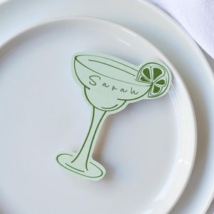Green margarita shaped place card template and menu | margarita place cards, margs and matrimony bachelorette party decor, sage green menu