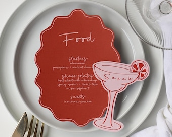 Oval wave menu & margarita shaped place card templates | pink red cocktail place cards, espresso martini name card, cocktail illustrations