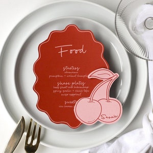 Cherry shaped place card template & oval wave menu | mon cheri bachelorette party, cherry themed table decor, pink red cherry place cards