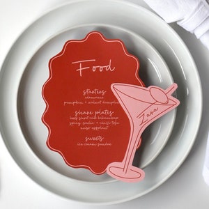 Blush pink menu & martini place card templates | pink and red hens bachelorette party, wavy border handwritten menu, cocktail illustrations