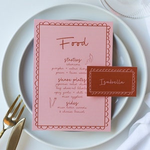 Mediterranean style menu & place card template | scalloped border menu, hand drawn menu illustrations, Italian style menu, Italy themed menu
