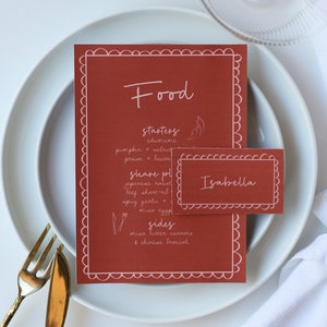 Italian style menu & place card template | scalloped border menu, hand drawn menu illustrations, mediterranean style menu, Italy themed menu