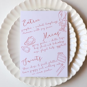 Rode geïllustreerde handgeschreven menusjabloon | oesterillustratie, handgetekende oester, kreeftillustratie, geïllustreerd menu, handgetekend menu