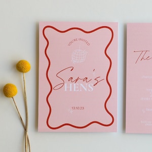 HENS PARTY INVITATION | Wavy Border Pink Modern Bachelorette Weekend Event Invitation | Editable Pink Last Disco Hens Invitation Template