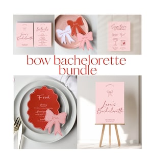Pink bow place cards and menu, bachelorette party invitation, hand drawn bow welcome sign, pink hens games template, editable hens templates
