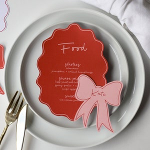 Pink menu & bow place card templates | pink and red hens bachelorette party, wavy border menu, hand drawn place cards, handwritten menu