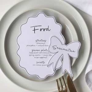 Wave border MENU & Bow PLACE CARD templates | bow hens bachelorette party, wavy border menu, hand drawn bow place cards, handwritten menu