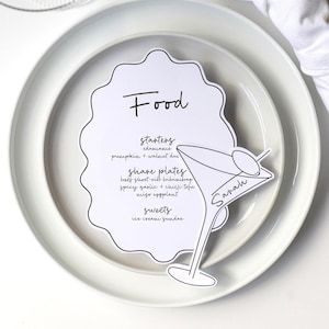 Wave border MENU & Martini Shaped PLACE CARD templates | hens bachelorette party, wavy border handwritten menu, cocktail illustrations
