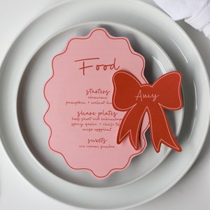 Pink bow menu & bow place card templates | wavy menu, shaped place cards, wave menu template, place cards with bow, pink hens bachelorette