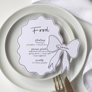 Oval wave border MENU &  Hand Drawn Bow Shaped PLACE CARD templates | hens bachelorette party, wavy border dinner menu, diy handwritten menu