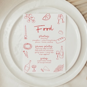 Red Hand Drawn Menu Template | handwritten Mediterranean menu, Food Illustrations, wine bottle drawing, lemon illustrated menu, Italian menu