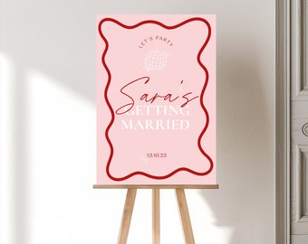 BACHELORETTE WELCOME SIGN | Wavy Border Modern Pink Hens Party Welcome Sign Template | Editable Hens Bachelorette Party Event Sign