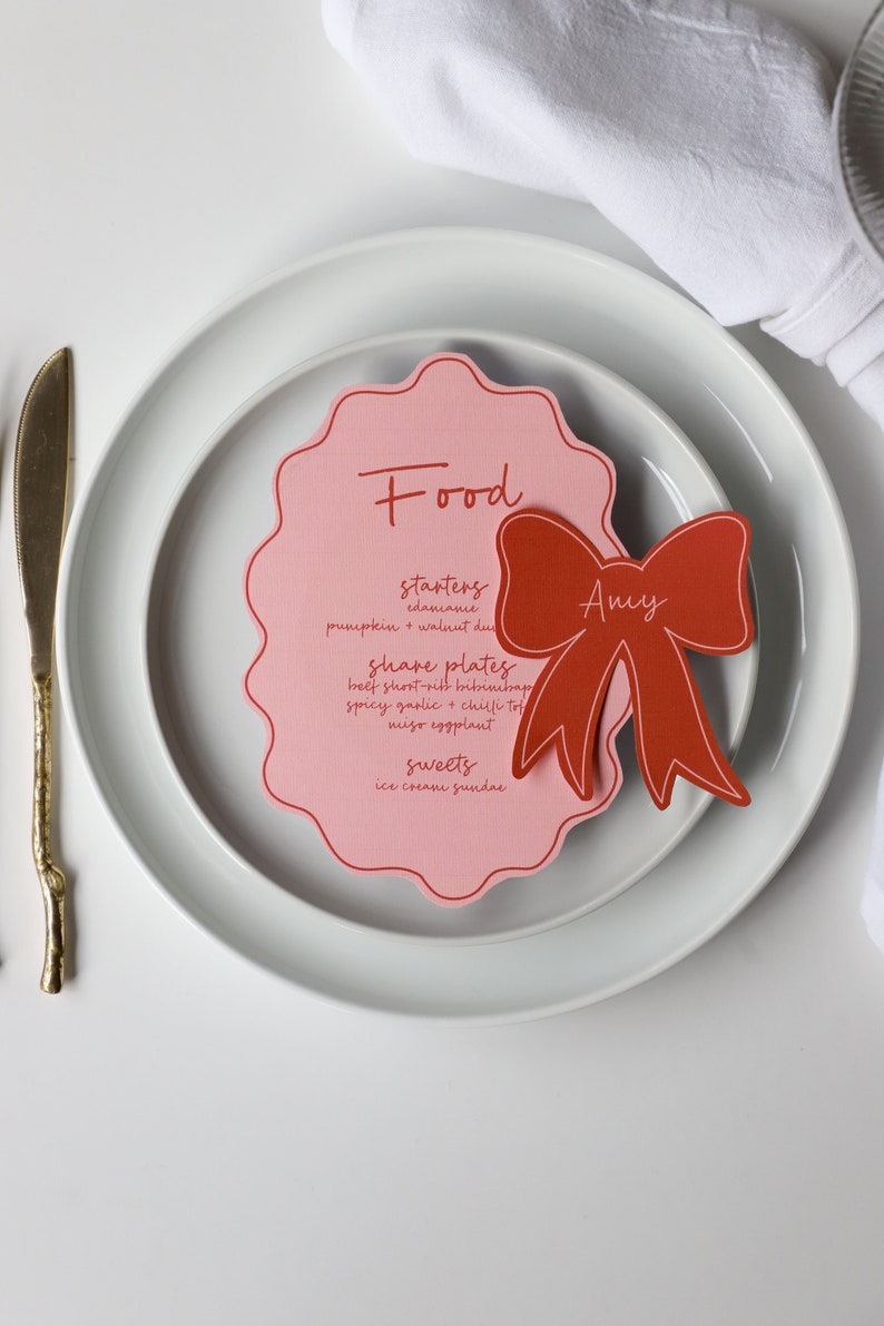 Pink Foos Menu Pink Bow Menu & Bow Place Card Templates | Wavy Menu, Shaped Place ...