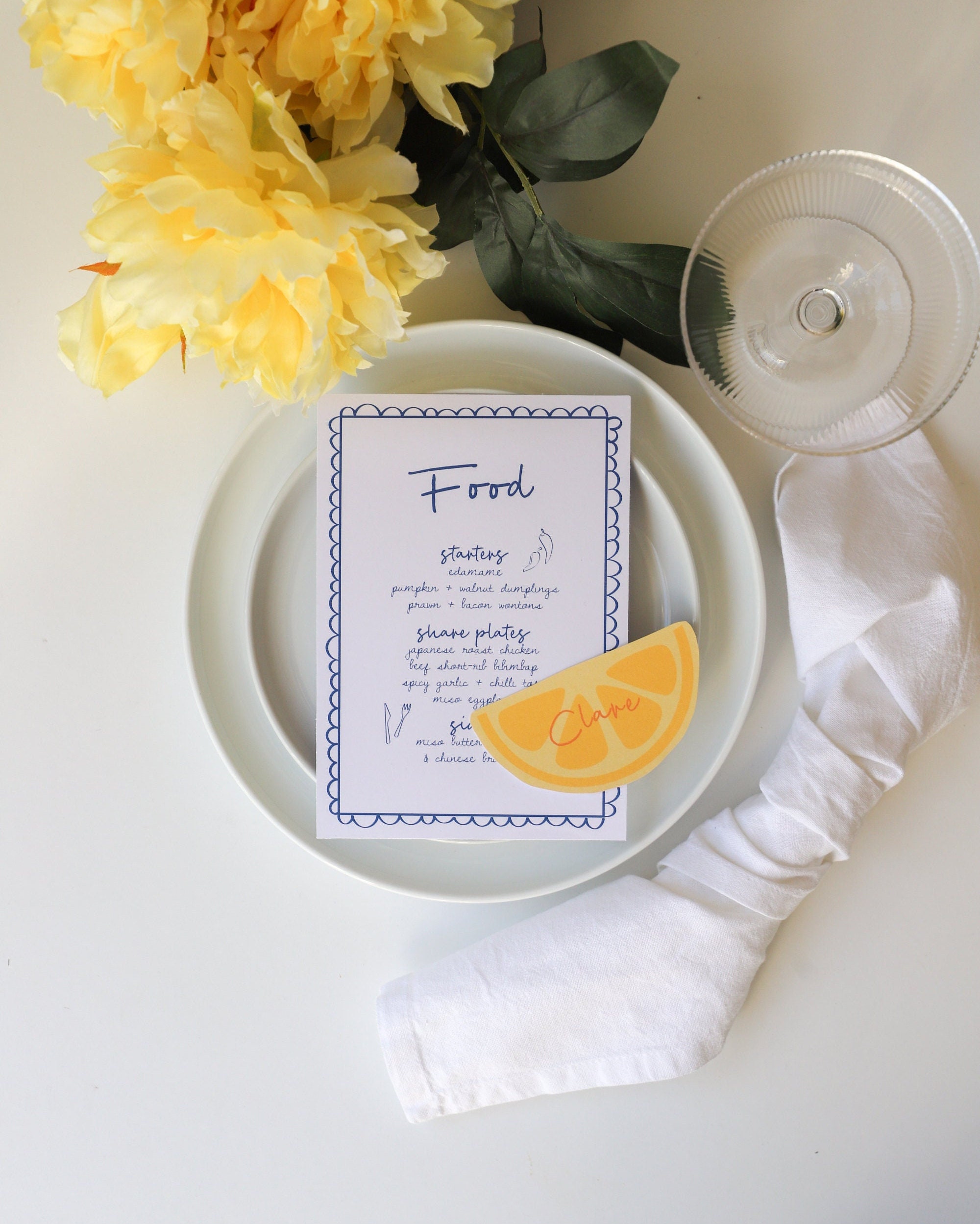 Blue Italian menu with lemon place card template, Italy wedding menu, mediterranean menu, blue menu, scalloped edge menu, la dolce vita menu