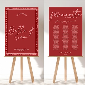 Hand written Italian wedding welcome sign and seating chart template | red scalloped border wedding sign, european calligraphy wedding sign