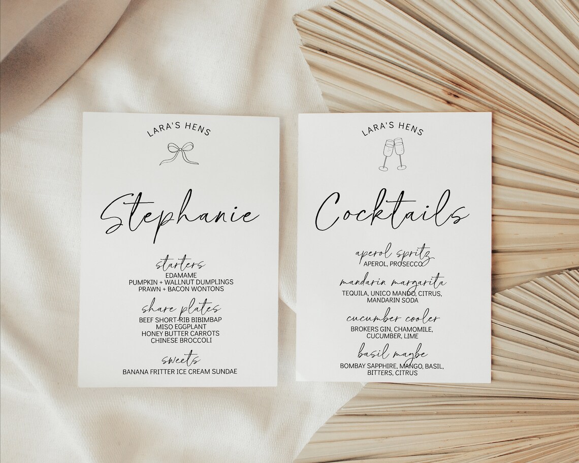HAND DRAWN BOW Menu Template | Black & White Bow Hens Bachelorette Menu ...