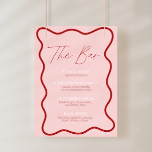 BACHELORETTE BAR SIGN  | Wavy Border Modern Dinner Party/Hens Party A4 Bar/Drinks Signs | Editable A4 Drinks Signage Template | Hand drawn